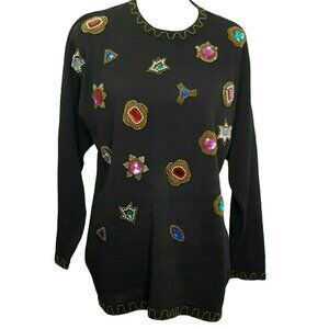 Vintage 80s Victoria Harbour Sweater Medium Bedazled Rhinestones Beads Black